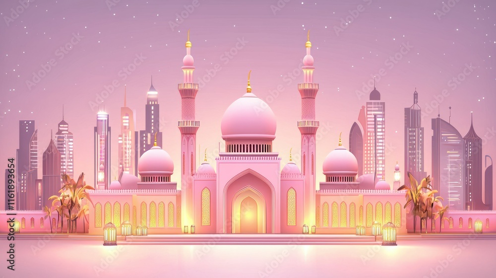 Fototapeta premium Pink mosque at sunset with city skyline.