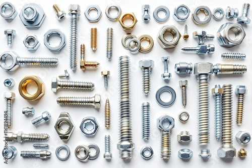 Diverse screws, bolts, nuts, washers in metallic tones arranged on white background, showcasing hardware components for industrial and technical concepts. Ai generative