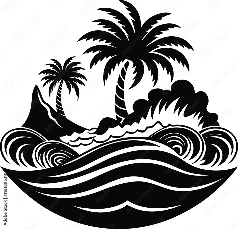 Obraz premium island waves black and white silhouette vector design