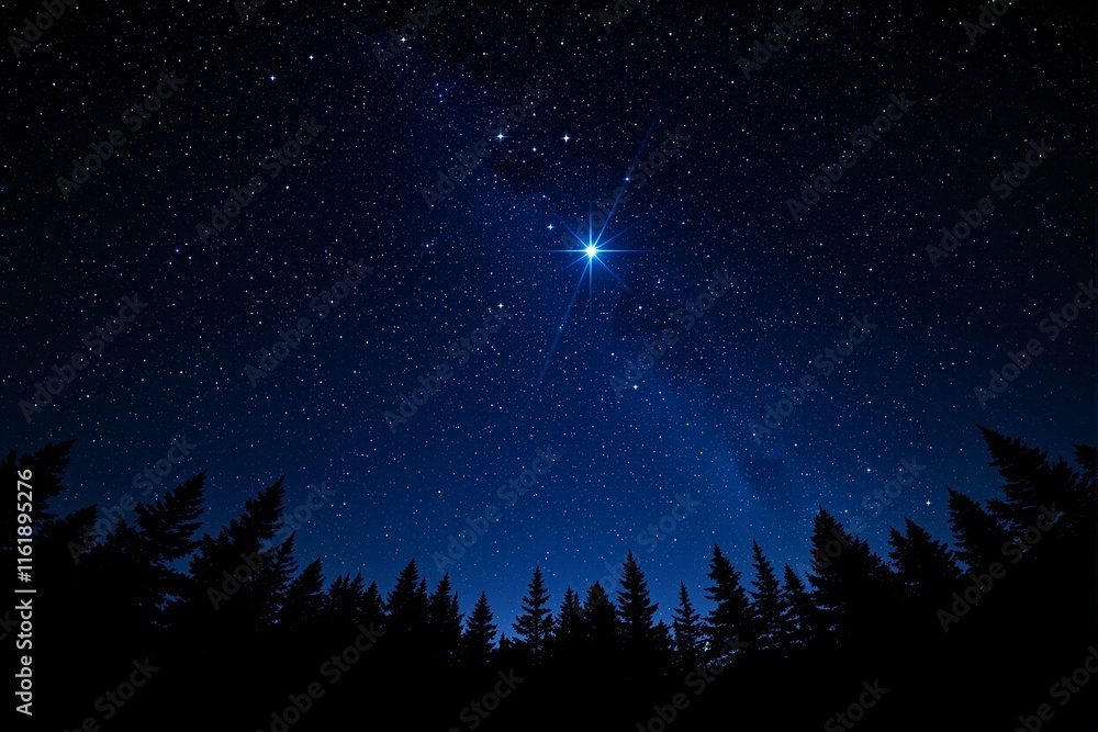 Naklejka premium Starry night sky with a glowing bright star above a silhouette of pine trees, on a serene dark blue background. Concept of nature and tranquility. Ai generative