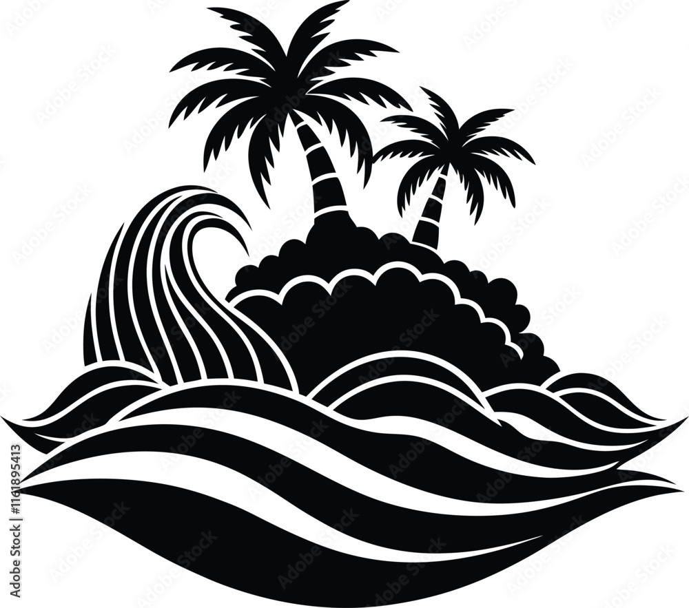 Fototapeta premium island waves black and white silhouette vector design