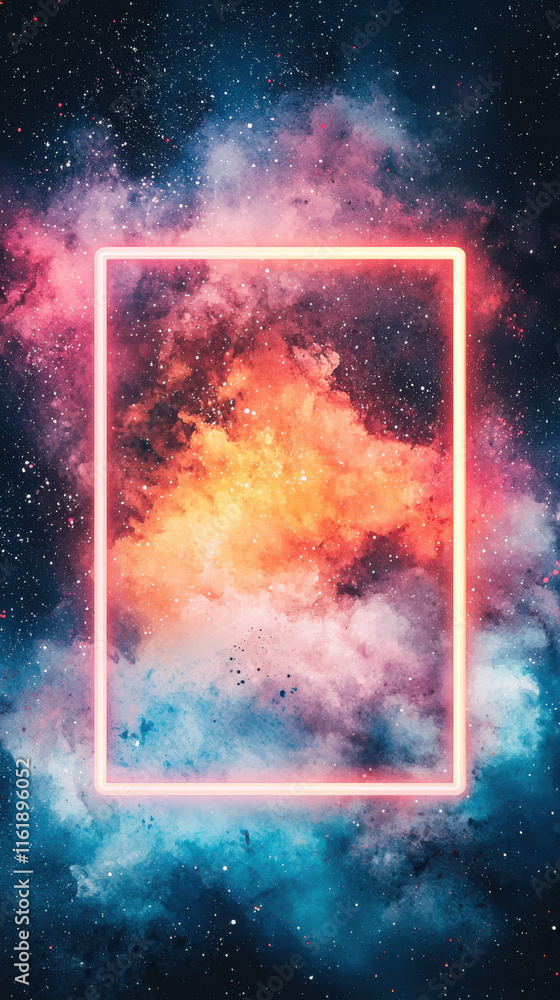 Fototapeta premium Vibrant neon frame with colorful cosmic watercolor splash