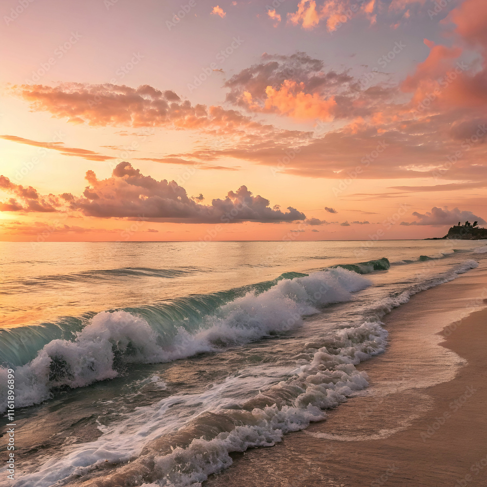 sunset over tranquil seascape waves crash ashore