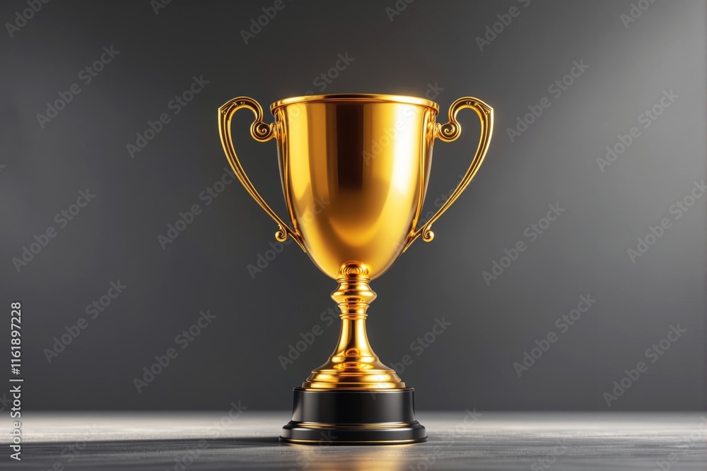 A shining golden trophy with ornate handles placed on a smooth surface in front of a dark gradient background. Concept of achievement and recognition. Ai generative A shining golden trophy with ornate handles placed on a smooth surface in front of a dark gradient background. Concept of achievement and recognition. Ai generative