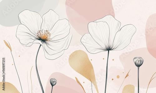A beautiful minimalist line art wall mural featuring large, white flowers with long stems and delicate petals, the background is a soft, neutral color with abstract shapes in pink and gold
