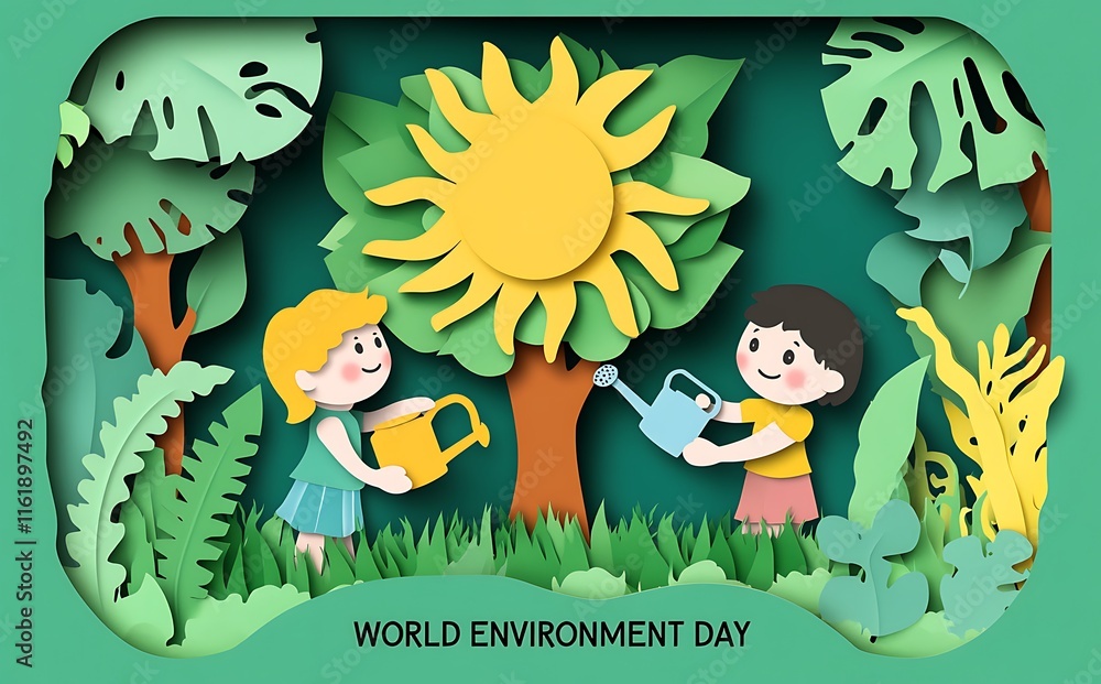 Naklejka premium World Environment Day concept banner with paper-cut children and a tree