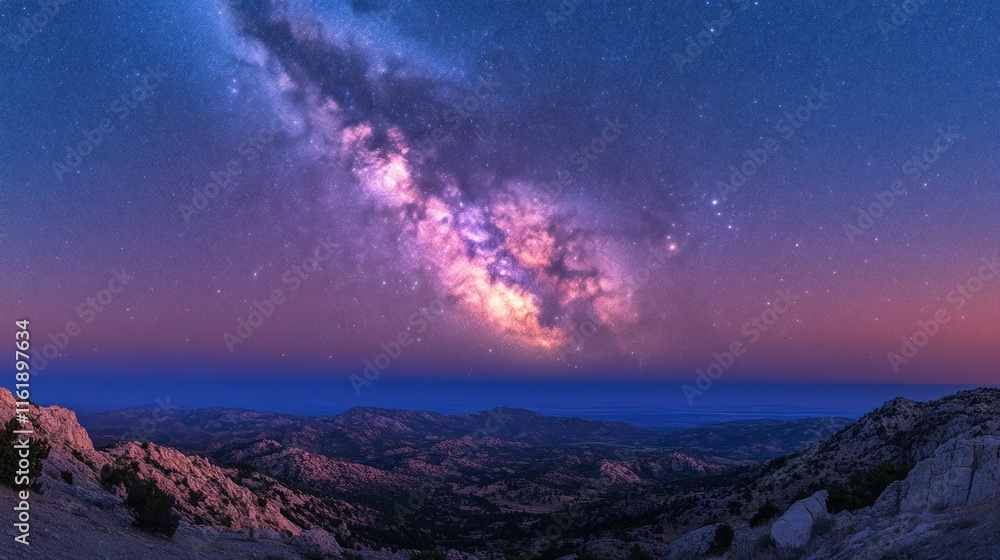 Majestic Milky Way galaxy over mountain range at night. Majestic Milky Way galaxy over mountain range at night.