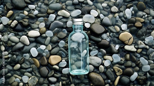 Pristine spring water bottle nestled amongst a pile of smooth weathered river stones in a tranquil natural landscape  The clear pure water container is surrounded by a serene and earthy scene