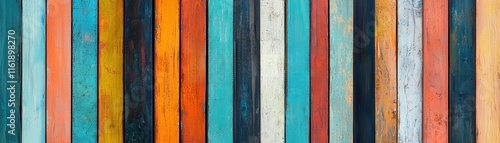A vibrant arrangement of vertical wooden boards in various colors, creating a textured and colorful backdrop.