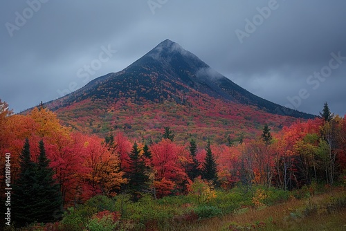 A mountain silhouette with vibrant autumn colors and a serene lake photo