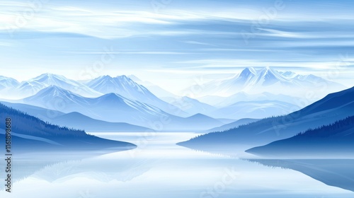 Wallpaper Mural Serene mountain lake landscape with calm water reflecting snow-capped peaks under a misty sky. Torontodigital.ca