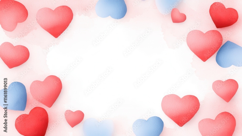 A colorful background featuring red and blue hearts, creating a romantic and cheerful atmosphere, with a blank space in the center. A colorful background featuring red and blue hearts, creating a romantic and cheerful atmosphere, with a blank space in the center.