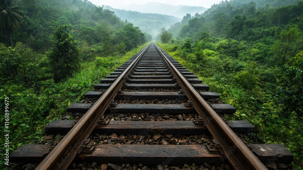 Enigmatic Railway Passage Through Lush Forest Canopy - Journey and Discovery Concept Enigmatic Railway Passage Through Lush Forest Canopy - Journey and Discovery Concept