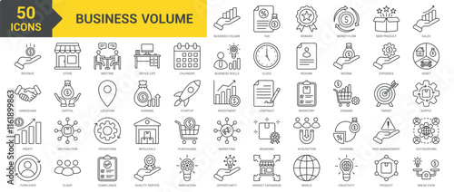 Business Volume icon collection set. Containing tax, reward, money flow, new product, sales, revenue, deal, profit, turnover, store, meeting, office life, business skills icon. Simple line vector