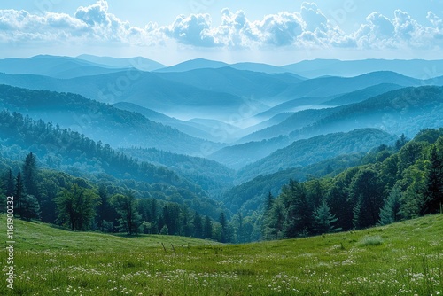 A peaceful mountain valley with rolling hills and serene landscape photo