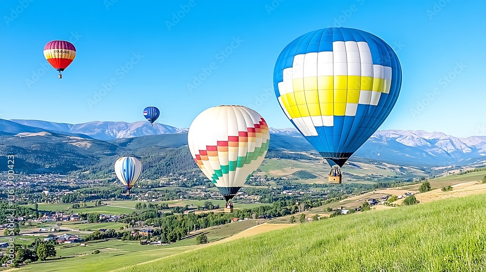 Obraz premium Hot Air Balloons over Mountain Valley Landscape