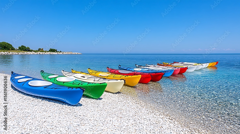 Colorful Kayaks on Pebble Beach Clear Sea Summer Vacation Colorful Kayaks on Pebble Beach Clear Sea Summer Vacation