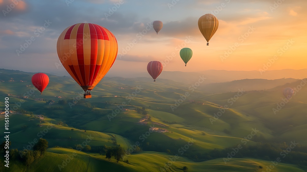 Fototapeta premium Hot Air Balloons Soaring Over Rolling Green Hills at Sunset