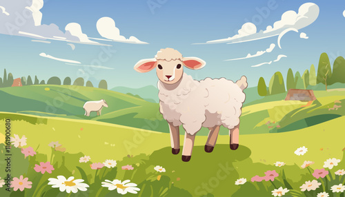 Sheep in the meadow. Cute cartoon vector illustration.