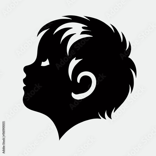 very simple flat and minimalist child head, looking up, silhouettes, black color, white background