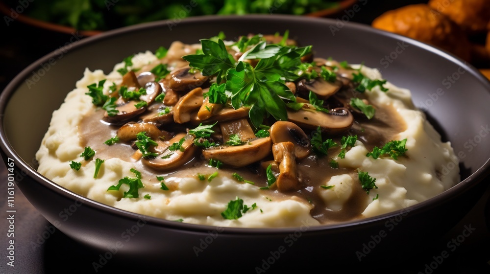 A comforting and delicious dish of creamy mashed potatoes topped with savory mushroom gravy and fresh parsley creating a satisfying and flavorful meal A comforting and delicious dish of creamy mashed potatoes topped with savory mushroom gravy and fresh parsley creating a satisfying and flavorful meal