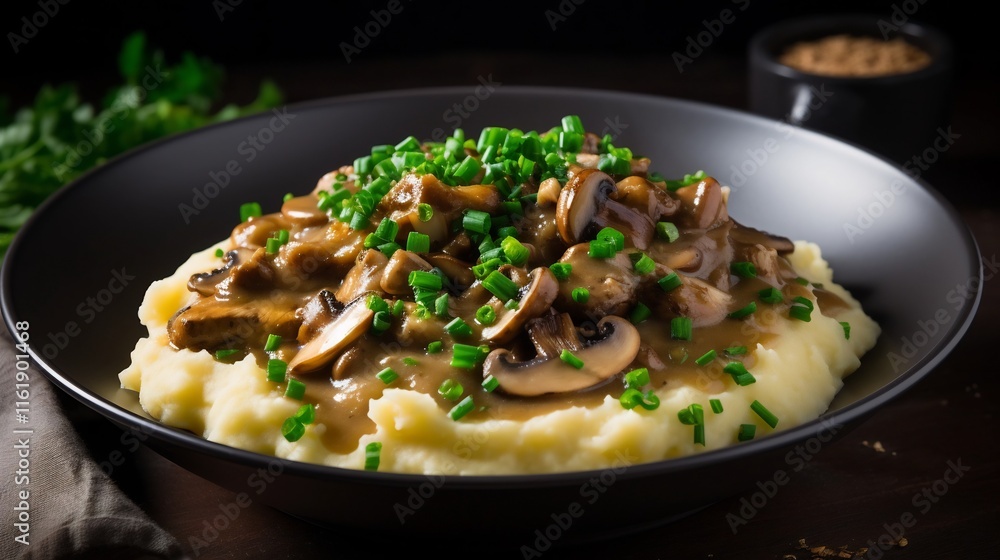 Comforting and creamy mashed potatoes topped with a savory mushroom gravy and fresh fragrant parsley a delicious and nourishing side dish or main meal Comforting and creamy mashed potatoes topped with a savory mushroom gravy and fresh fragrant parsley a delicious and nourishing side dish or main meal