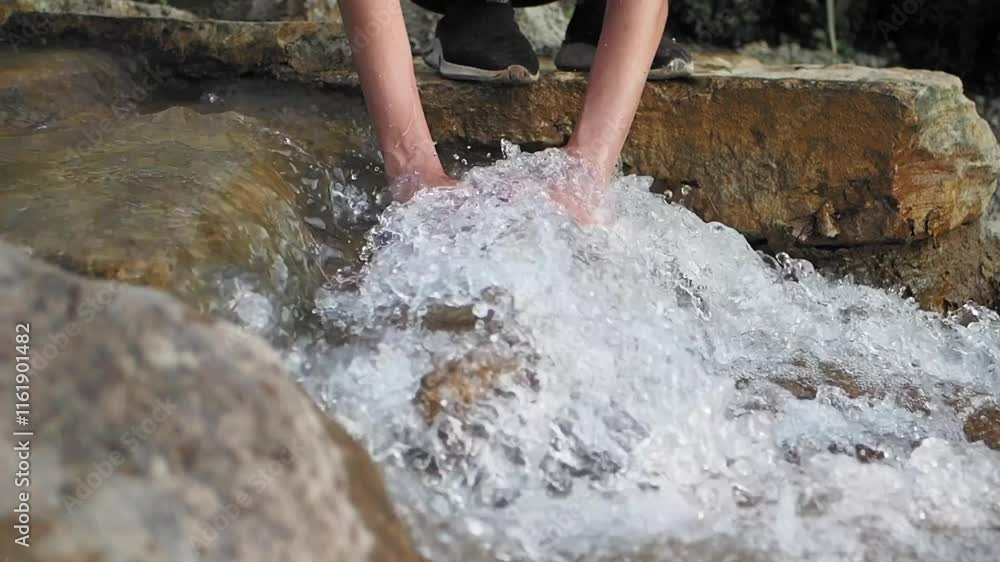 Enjoying Refreshing Water Flow and Hands Connecting with Nature Outdoors Enjoying Refreshing Water Flow and Hands Connecting with Nature Outdoors