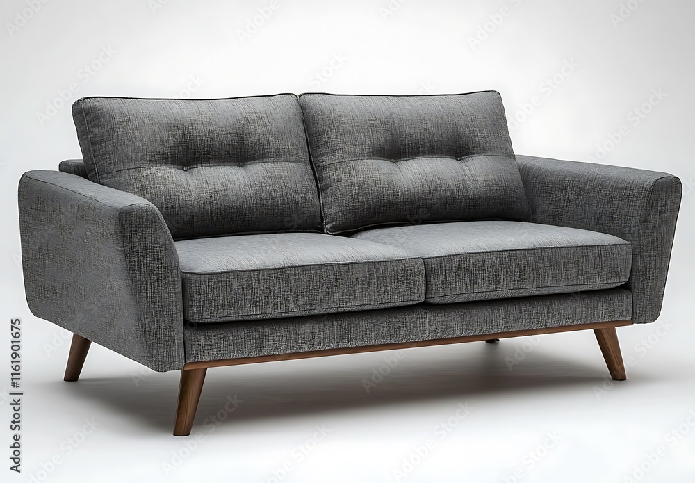 Fototapeta premium Modern gray fabric sofa with wooden legs on white background.