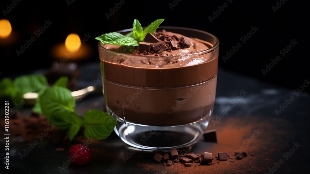 Indulgent and rich vegan chocolate mousse expertly crafted and elegantly presented in a clear glass serving dish a delectable luxurious plant based treat Indulgent and rich vegan chocolate mousse expertly crafted and elegantly presented in a clear glass serving dish a delectable luxurious plant based treat