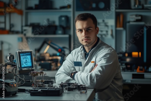 A focused male engineer in a lab coat sits at a workbench filled with electronic components and devices. He looks directly at the camera, with a tablet displaying technical data in front of him. photo