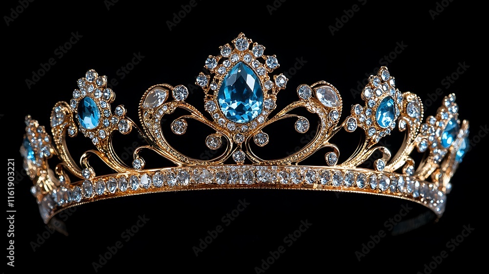 Gold Tiara Adorned With Blue And Clear Gems Gold Tiara Adorned With Blue And Clear Gems