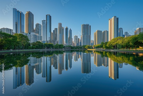 A city skyline is reflected in a body of water
 photo