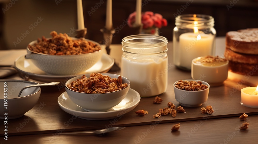 A tranquil table setting featuring small bowls of fresh milk organic honey and wholesome granola creating a calming and nourishing breakfast scene