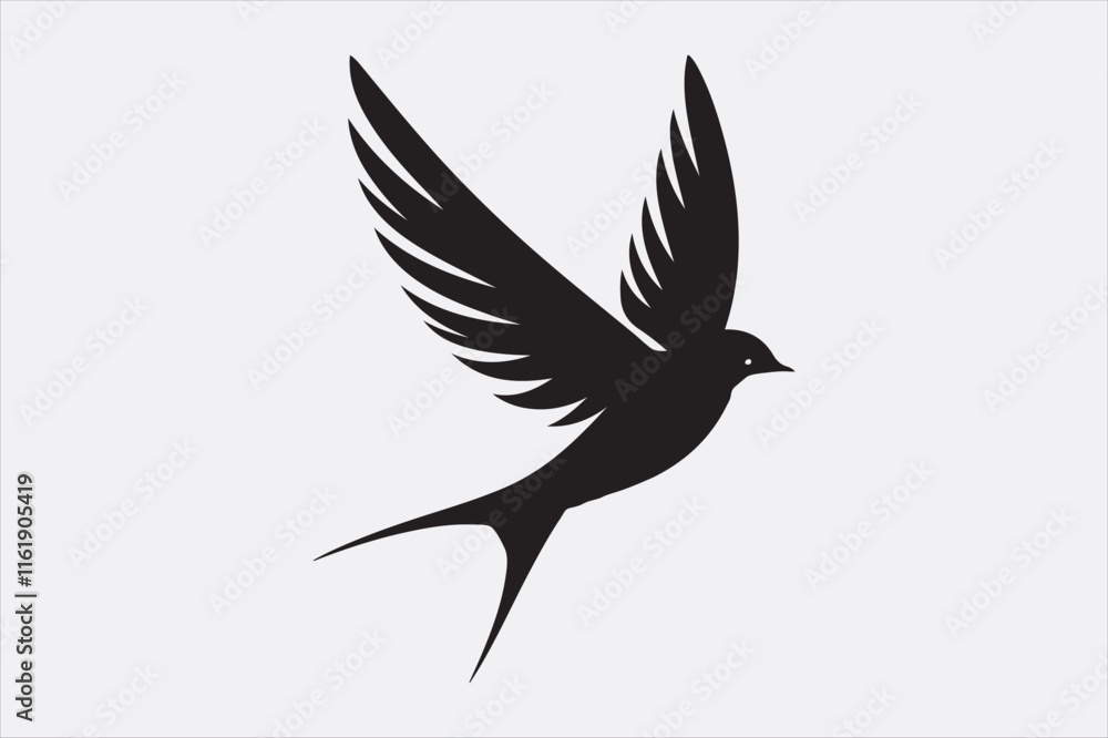 A black silhouette of a flying swallow. A black silhouette of a flying swallow.