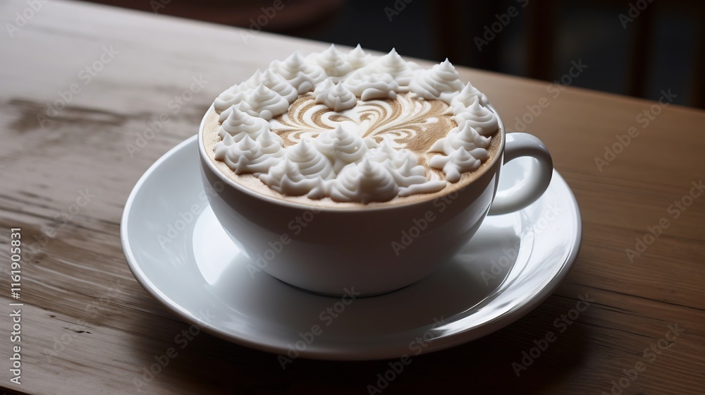 Beautifully crafted milk foam art adorning the surface of a steaming cappuccino cup set against the warm and inviting ambiance of a cozy cafe interior Beautifully crafted milk foam art adorning the surface of a steaming cappuccino cup set against the warm and inviting ambiance of a cozy cafe interior