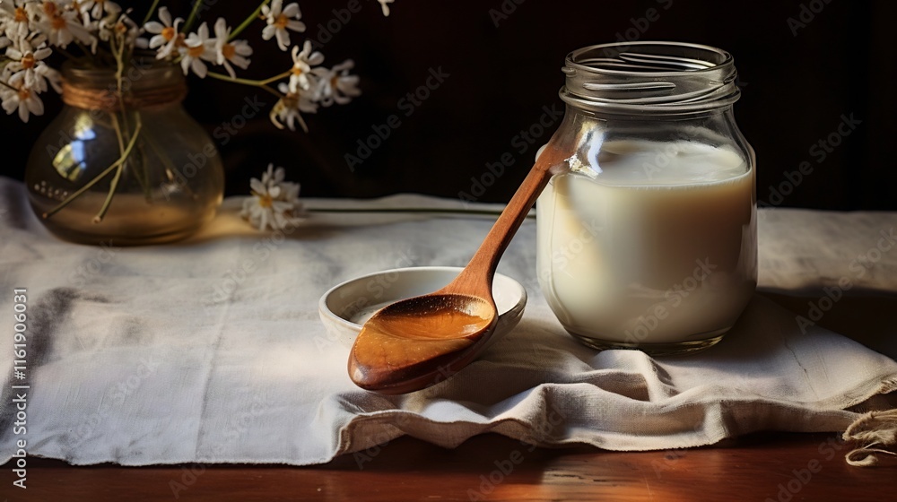 Rustic and comforting breakfast table setting with milk and honey arrangement a wooden spoon and a linen napkin displayed on a wooden tabletop in a cozy natural scene Rustic and comforting breakfast table setting with milk and honey arrangement a wooden spoon and a linen napkin displayed on a wooden tabletop in a cozy natural scene