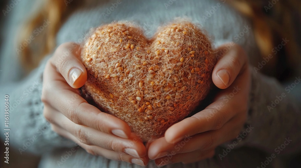 A woman is holding a heart shaped bread A woman is holding a heart shaped bread