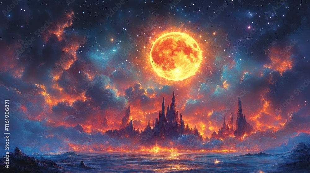 Fiery moon over fantasy island. Fiery moon over fantasy island.