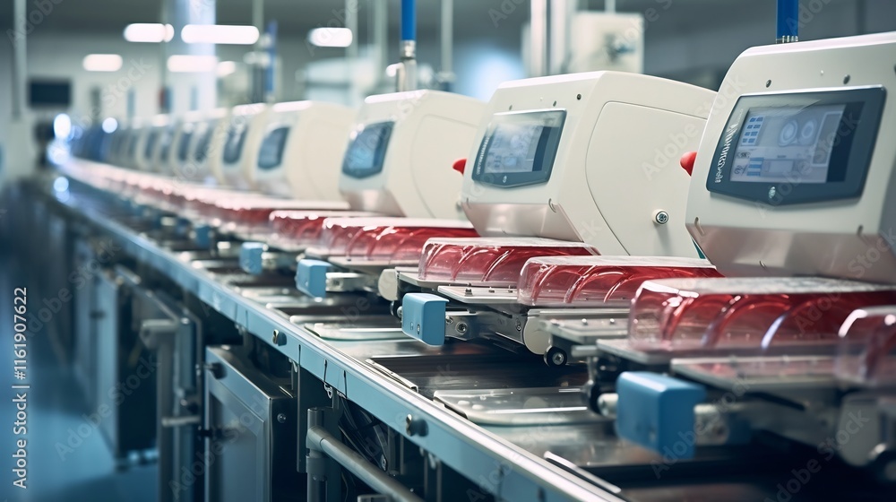 Rows of automated machines sealing and labeling processed seafood products in a modern streamlined manufacturing facility for efficient consistent production and packaging Rows of automated machines sealing and labeling processed seafood products in a modern streamlined manufacturing facility for efficient consistent production and packaging
