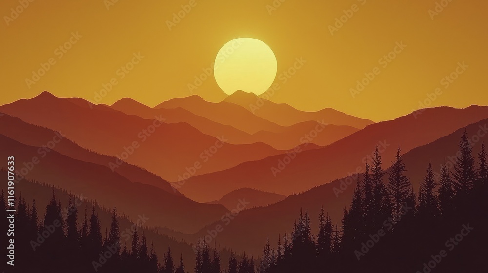 Sunset over layered mountains and forest silhouette. Sunset over layered mountains and forest silhouette.