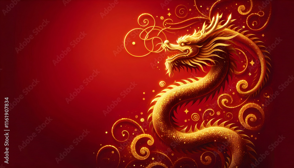 Chinese new year A profile shot of the golden dragon, focusing on its elongated body as it winds through the upper pa2 Chinese new year A profile shot of the golden dragon, focusing on its elongated body as it winds through the upper pa2