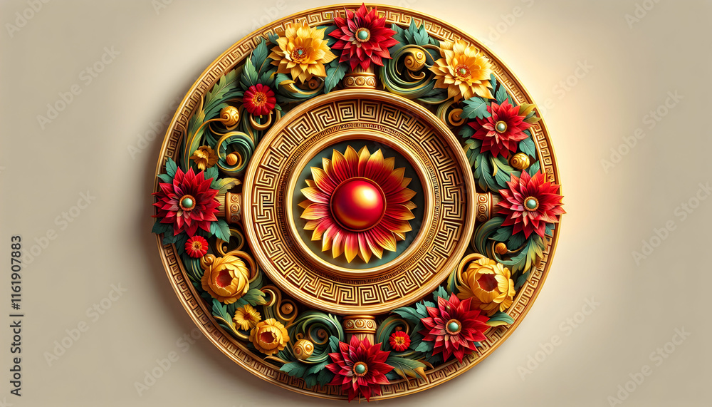 Chinese new year A rotating view of a decorative circular frame with a red center, golden Greek key, and surrounding 4 Chinese new year A rotating view of a decorative circular frame with a red center, golden Greek key, and surrounding 4