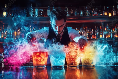 A skilled bartender creates colorful cocktails with smoke effects in a vibrant bar setting. The scene is illuminated with neon lights, showcasing various bottles in the background. photo