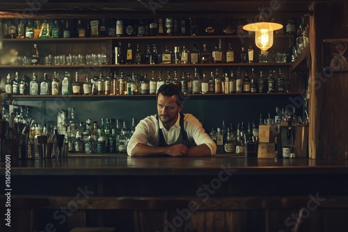 A bartender in a dimly lit bar, leaning on the wooden counter with a thoughtful expression. Behind him, shelves filled with various bottles of liquor create a cozy atmosphere. photo