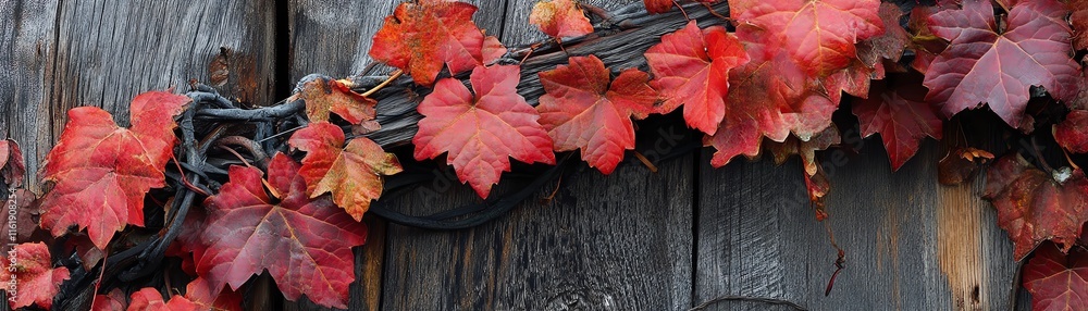 Red autumn leaves on a wooden background, nature's seasonal beauty. Red autumn leaves on a wooden background, nature's seasonal beauty.