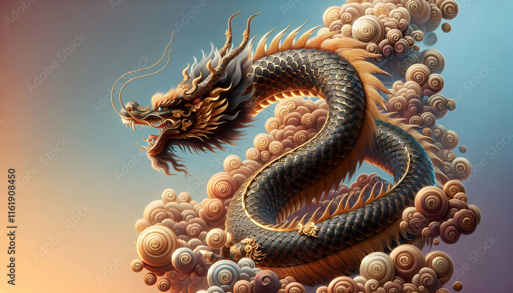 Obraz premium Chinese new year A close-up view of the dragon’s body, showcasing the flowing lines of its scales in gold and brown 