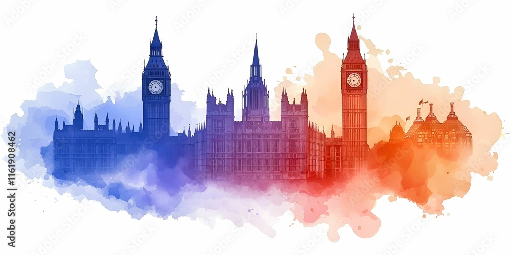 Obraz premium European landmarks watercolor art concept. City skyline illustration featuring iconic buildings in blue and red hues.