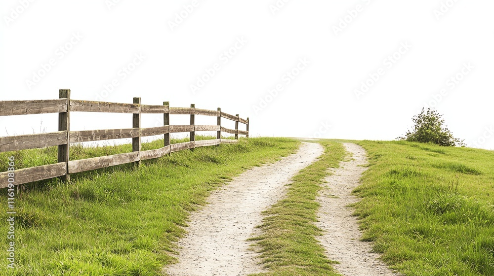 A winding dirt path through lush green grass under a clear sky. A winding dirt path through lush green grass under a clear sky.