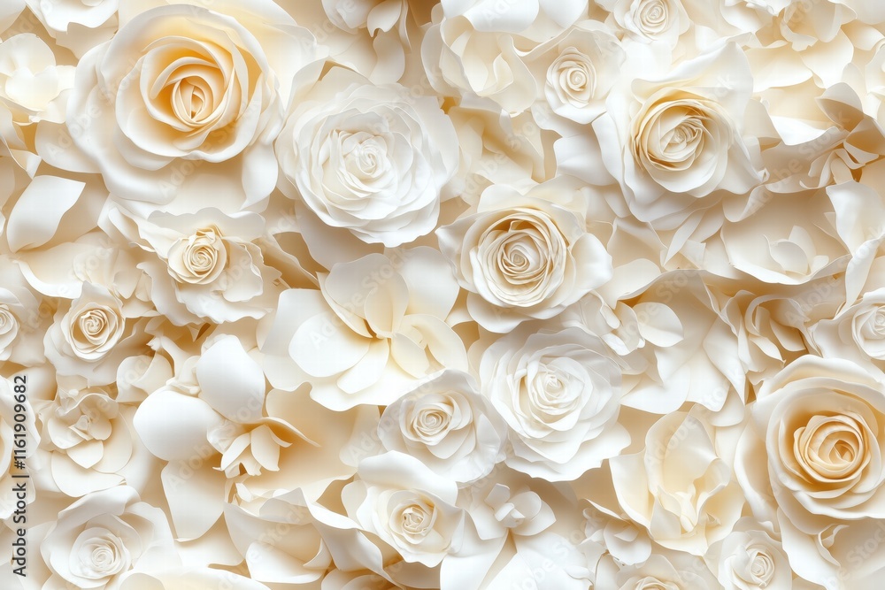 Seamless beautiful arrangement of white and cream paper roses, creating a soft and elegant floral backdrop. The intricate details of the petals add depth and texture to the composition. Seamless beautiful arrangement of white and cream paper roses, creating a soft and elegant floral backdrop. The intricate details of the petals add depth and texture to the composition.