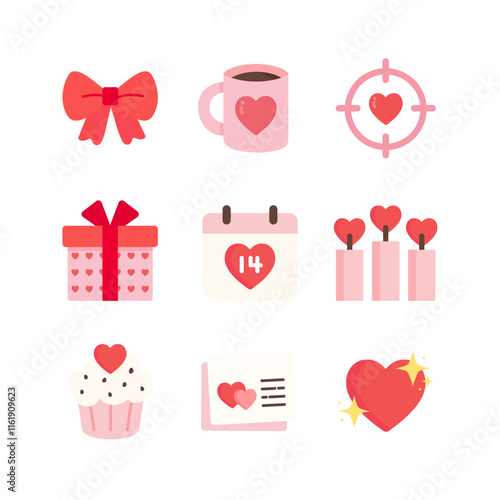 Valentine's day icon set. Calendar, gift box, cupcake, ribbon bow, heart candles, letter. Holiday celebration, love, romance, february concepts. Flat decorative vector design isolated illustration.